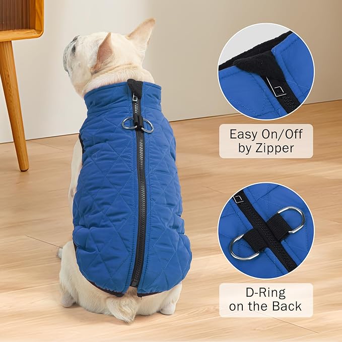 SCENEREAL Winter Dog Vest Coat with Harness Built in, Warm Puppy Jacket for Small Medium Dogs, Cold Weather Coat with Zipper, Fleece Puffer Vest Windproof Snow Clothes, Blue S