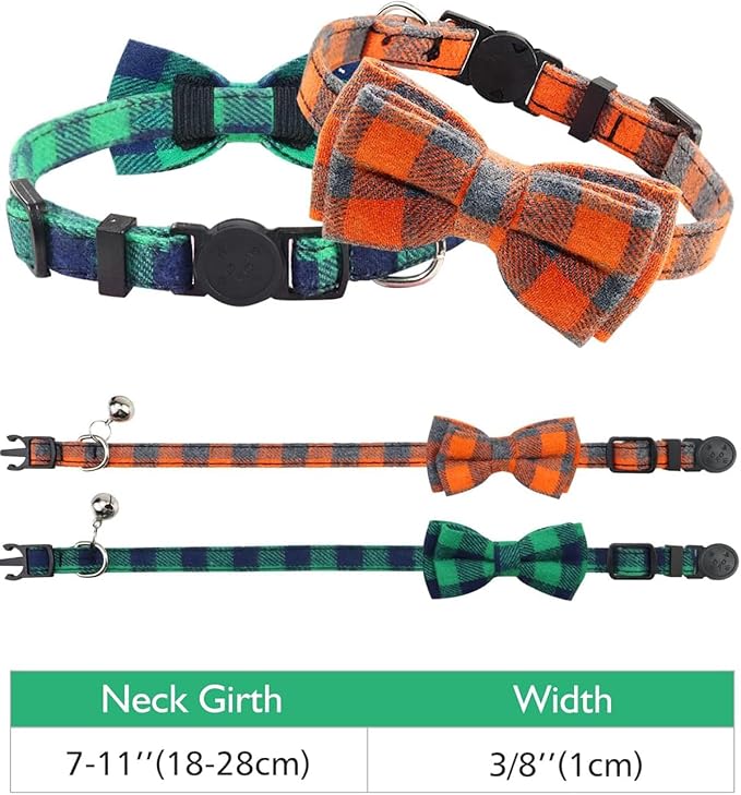 Joytale Upgraded Cat Collar with Bells, Breakaway Cat Collars with Bow Tie, 2 Pack Girl Boy Safety Plaid Kitten Collars, Green+Orange