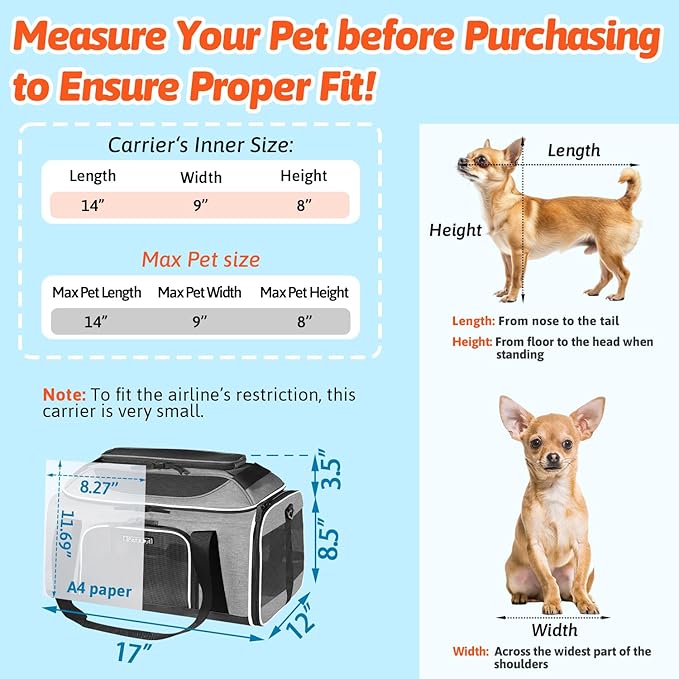 Petskd Top-Expandable Pet Carrier 17x12x8.5 Inches JetBlue Allegiant Spirit Airline Approved, Soft-Sided Carrier for Small Cats and Dogs with Locking Safety Zippers and Anti-Scratch Mesh(Grey)