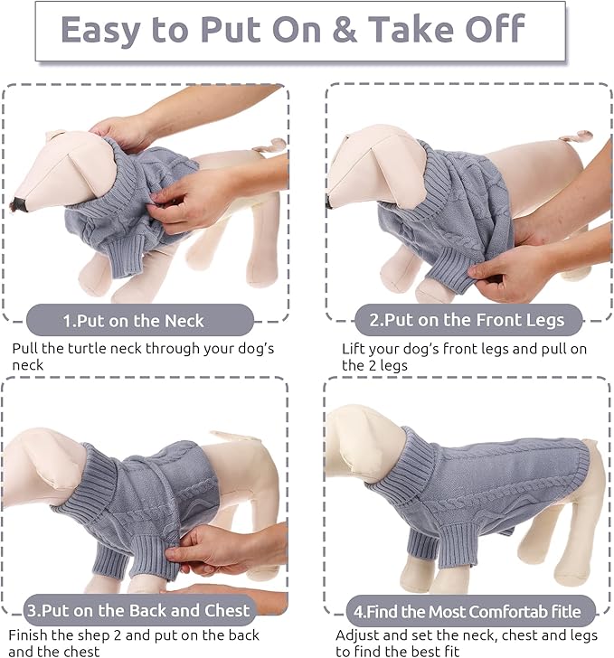 Queenmore Small Dog Pullover Sweater, Cold Weather Cable Knitwear, Classic Turtleneck Thick Warm Clothes for Chihuahua, Bulldog, Dachshund, Pug, Yorkie (Grey, Medium)