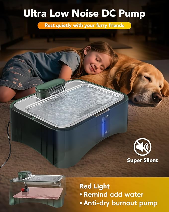 UPSKY 2.25Gal Elevated Dog Water Fountain, 4 Heights Adjustable Pet Fountain for All Dog Sizes, 304 Stainless Steel Tray Indoor Drinking Dispenser with Ultra-Quiet Pump & 4 Replacement Filters Green