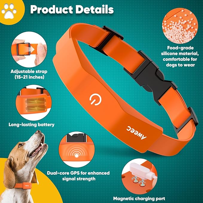 GPS Wireless Dog Fence with Free App, Electric Fence System with Training Collar, Portable Fence for Outdoor Use, Rechargeable Waterproof Flexiable Collar, Adjustable for Large Medium Dogs (Orange)