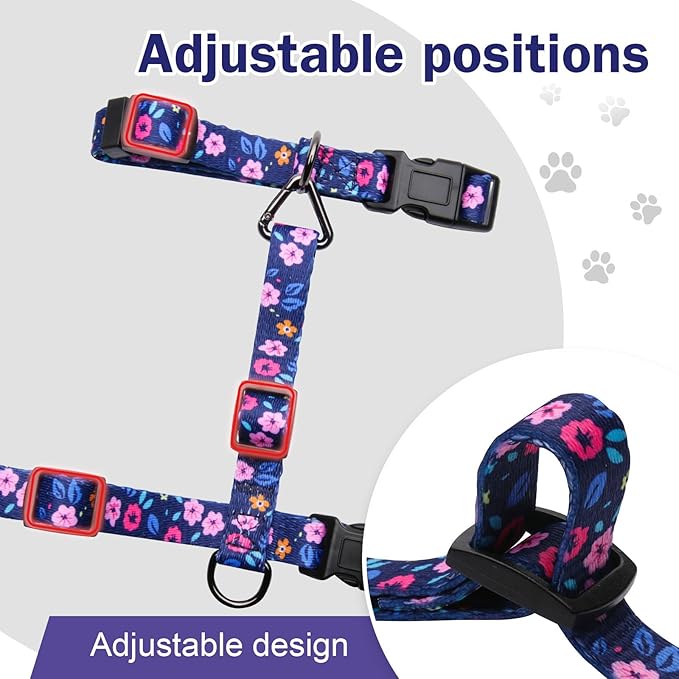 Hikiko Cat Harness and Leash Set Escape Proof Adjustable Walking Travel Cute Kitten Harness for Small Medium Large Cats (Navy Blue Floral, M)