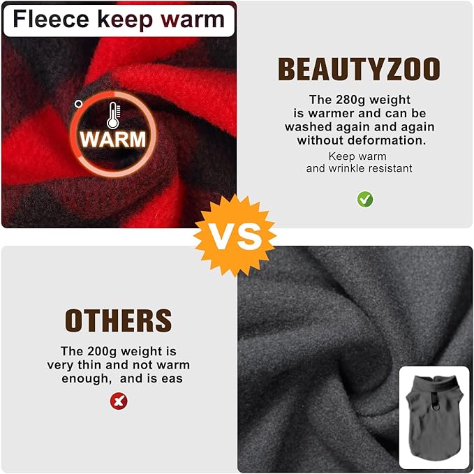 BEAUTYZOO Dog Fleece Vest Sweater Winter Jacket for Small and Medium Large Dogs with D-Ring Leash Cold Weather Coat Hoodie for XS S M Dogs Boy or Girls