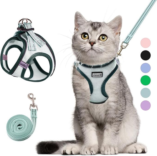 Cat Harness and Leash Set, Soft and Breathable Vest with Reflective Strip, Escape Proof Kitten Harness, Easy to Wear for Cats Walking and Traveling (Light Green, L)