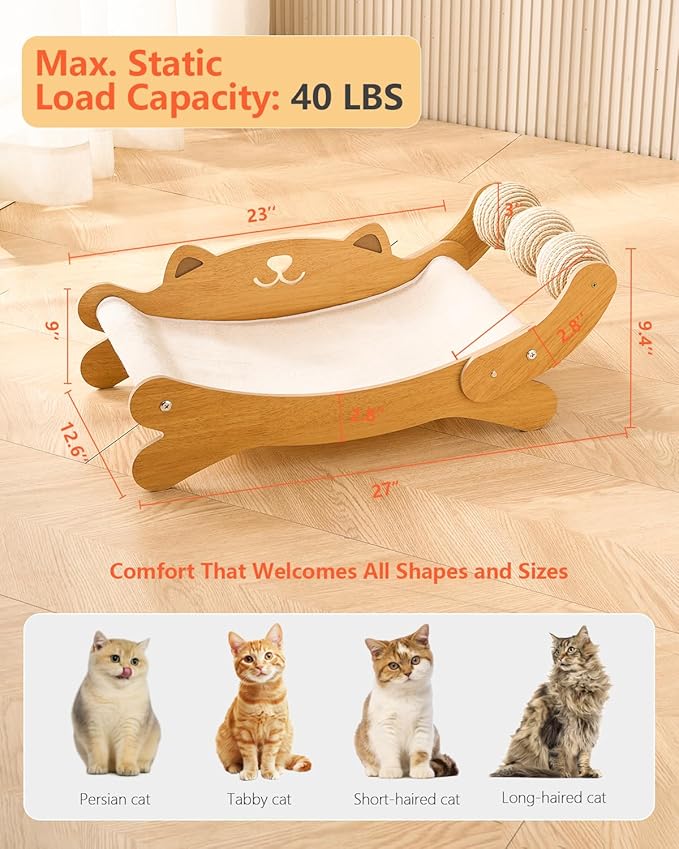 Cat Scratcher,Scratching Post,and Hammocks with Sisal Ball Toys Wooden Cat Beds & Furniture are Sturdy and Durable for All Types of Cats to Play and Relax Indoors