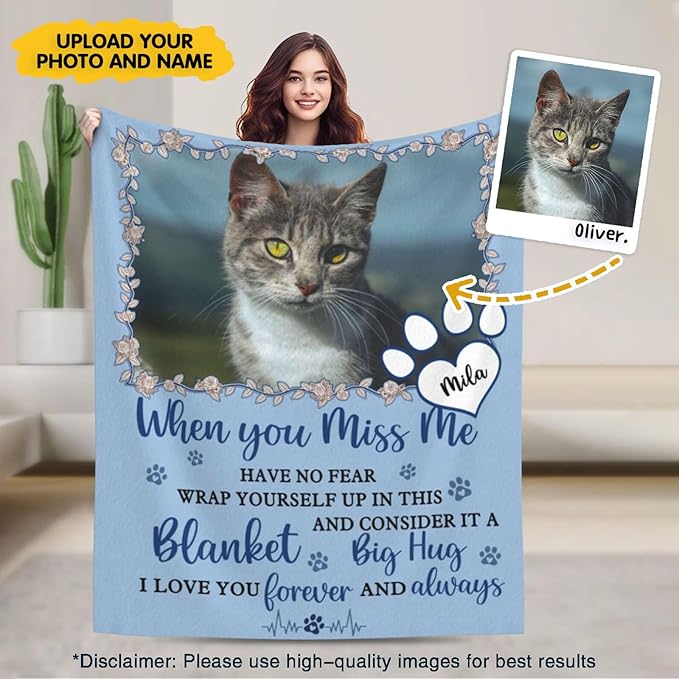 Custom Pet Memorial Blanket with Photo,Personalized Dog/Cat Loss Sympathy Gift,Pet Loss Bereavement Remembrance Gifts,Flannel Throw Blanket with Pictures (Blue)