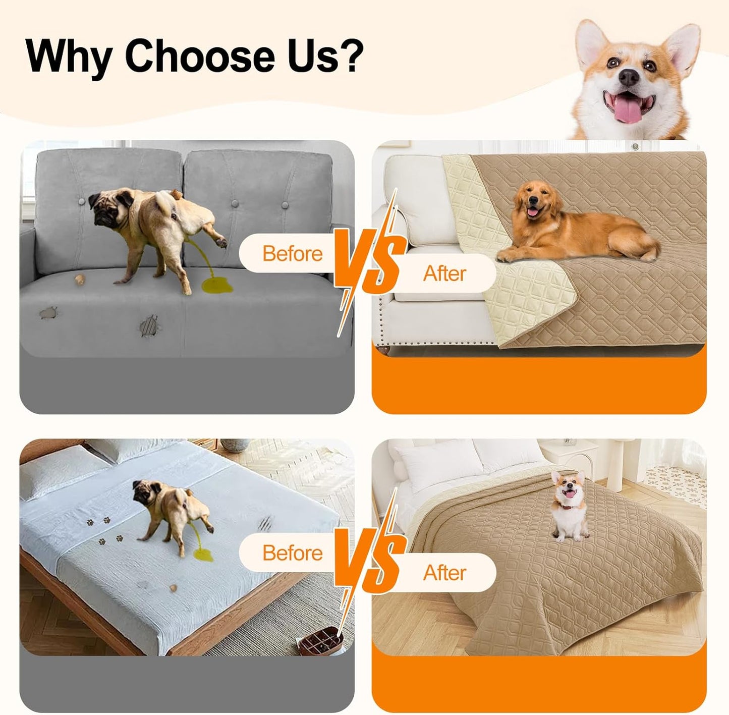 Smiry Waterproof Dog Blanket, 82x102 Inch Soft Pet Bed Cover Reversible, Washable Sofa Couch Furniture Protector for Small Medium Large Dog Puppy Cat, Geometric, Camel/Beige