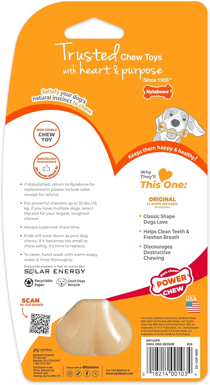 Nylabone Power Chew Original Bone - Durable & Tough Chew Toys for Aggressive Chewers - Durable Dog Toy for Medium Breeds - Original Flavor, Medium, Up to 35 Ibs. (1 Count)