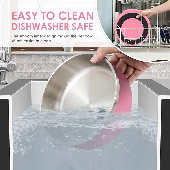 IKITCHEN Dog Bowl for Food and Water, 64 Oz Stainless Steel Pet Feeding Bowl, Durable Non-Skid Double Wall Insulated Heavy Duty with Rubber Bottom for Medium Large Dogs (64 Ounces/8 Cup, Pink)