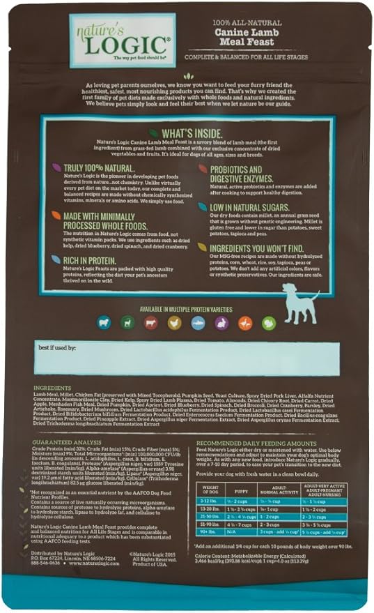 Nature's Logic Dry Dog Food - 100% Natural - No Synthetics - For All Ages, Sizes, Breeds - Free From Common Allergens, High Protein - Lamb Meal Feast, 4.4lbs
