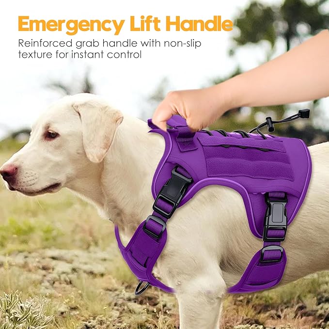 Heavy-Duty Tactical Dog Harness for Large Dogs, No Pull Adjustable Reflective Pet Vest with Molle System, K9 Military-Grade Control for Service Training, Outdoor & 10+ Breeds, Purple, X-Large