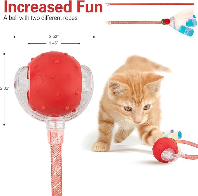 Interactive Cat Toys Ball for Indoor Cats, Automatic Agile Rolling Cat Ball with Elastic Mesh Tail, Bird Chirping & Motion Activated, 2 Tail Accessories, Kitten Toy for Bored (Red)