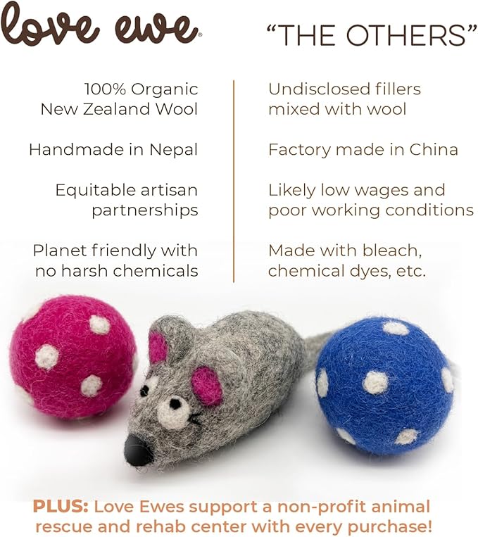 Hustle & Blush Wool Felt Balls 3 Pack Love Ewe Pet Supplies - 2 in Felted Wool Cat Toys 100% New Zealand Wools Felt Cat Toys Handmade Wools Felts Balls - Cats Felts Ball with Bell - Roll The Mice