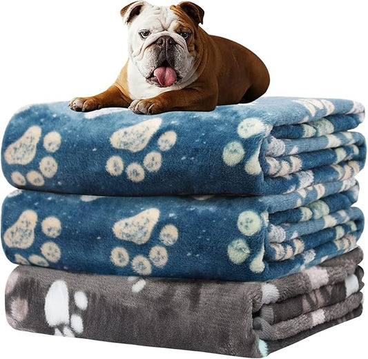 Rezutan Dog Blankets for Medium Pet, 3 Pack Blanket Fuzzy Cat Blankets Washable, Soft Comfort Flannel, Reversible Dog Paw Print, Gifts Puppy Essentials, 30 x 20 inch, 2Blue & 1Gray