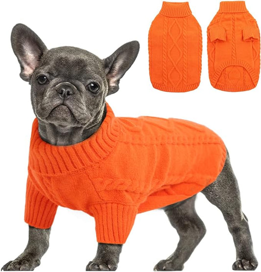 Queenmore Small Dog Pullover Sweater, Cold Weather Cable Knitwear, Classic Turtleneck Thick Warm Clothes for Chihuahua, Bulldog, Dachshund, Pug (Orange, Small)