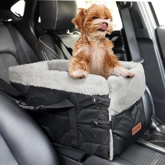 Center Console Dog Car Seat for Small Dogs,PU Leather Small Dog Car Booster Seat,Washable Foldable with Safe Protection Hooks Adjustable Straps and Storage Pocket Pet Up to 15lbs-Black