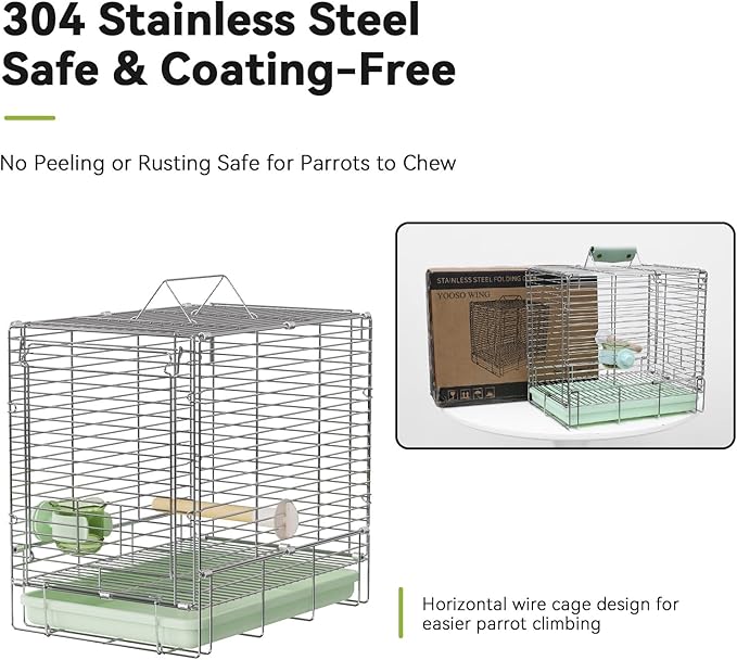 Bird Carrier Travel Cage - 304 Stainless Steel Portable Folding Bird Travel Cage with Parrot Feeder Cups & Standing Perch for Smaller Birds Conures Lovebird Cockatiel Parakeets (Green)