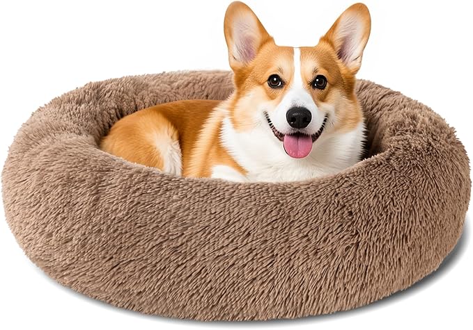 Dog Calming Beds for Small Medium Large Dogs - Round Donut Washable Dog Bed, Anti-Slip Faux Fur Fluffy Donut Cuddler Anxiety Cat Bed(28" Khaki