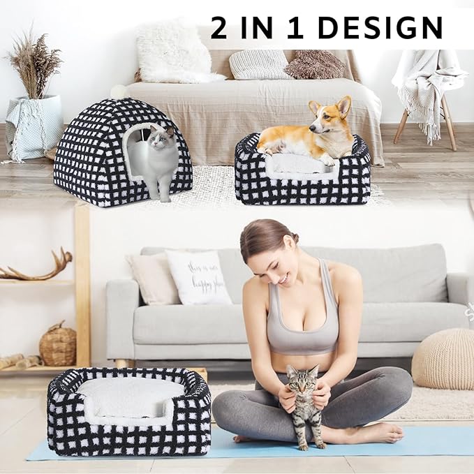 Cat Cave Bed for Indoor Cats, Washable Small Cat Dome Bed Hideaway Bed for Indoor Cats with Removable Mattress for Kittens Cat Tent House 15"x15"