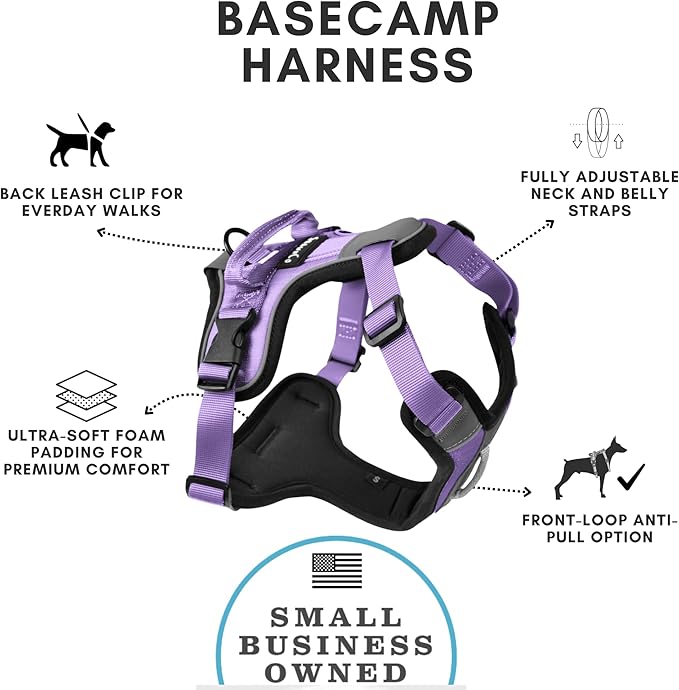 ShawnCo Basecamp Dog Harness, No-Pull Pet Vest with 3 Leash Clips, Padded, Reflective, Lightweight and Adjustable Harness with Handle for Small, Medium and Large Dogs (ICY Lilac, S)