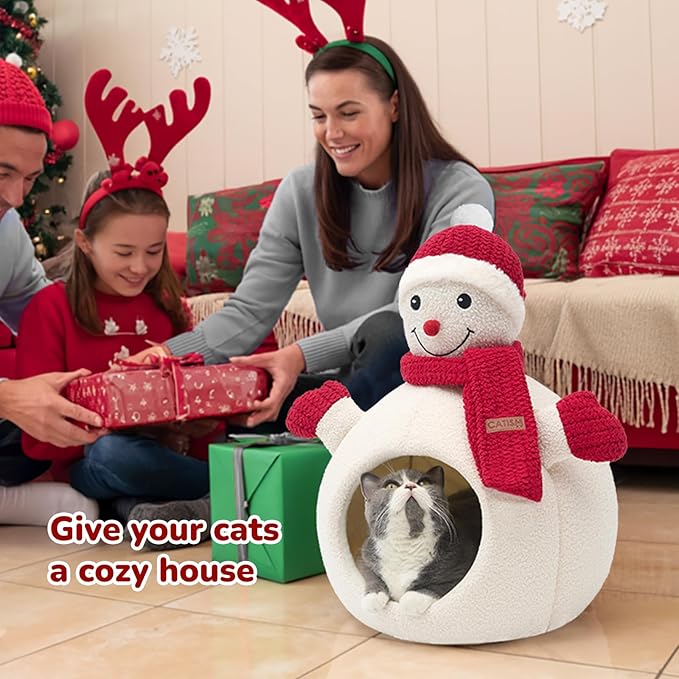 CATISM Christmas Cat Bed - Christmas Snowman Cat Bed for Indoor Cats, Cute Snowman Cat Beds with Warm Cushions Removable Cave with Non-Slip Cushioned Bottom for The Holidays