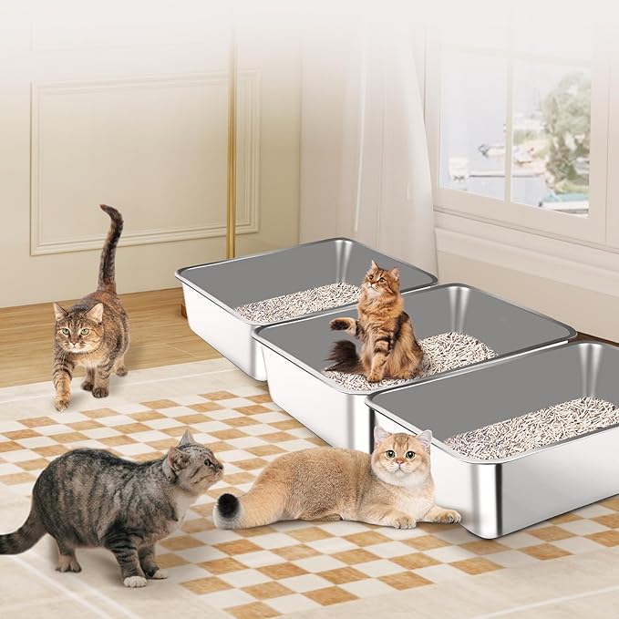 Stainless Steel Litter Box, 3 Pack 23.6" X 15.7" X 5.9" XL Metal High Sided Cat Litter Pan, Extra Large Stainless Steel Box Splash-Proof and Non-Stick Cat Poop Box odorless