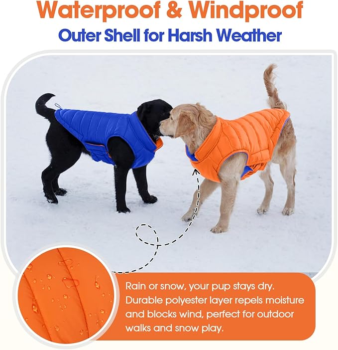 QBLEEV Reversible Dog Coat, Orange Hunting Safety Vest for Dogs, Waterproof Dog Winter Coats, Warm Lightweight Windproof French Bulldog Jacket, Adjustable Snowproof Puffer Coat for Medium Dogs