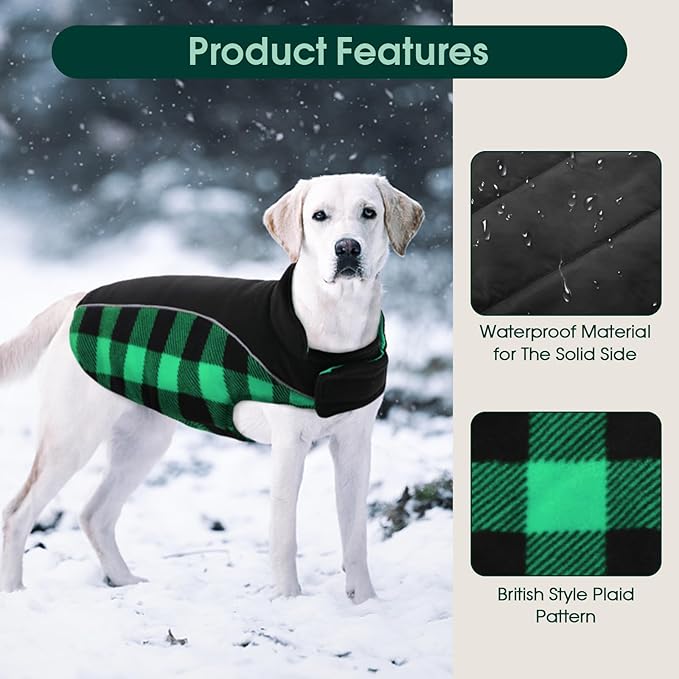 Kuoser Dog Winter Coat, Reversible Waterproof Dog Jacket with Reflective Strip, Warm Dogs Fleece Vest Adjustable Doggy Cold Weather Clothes Plaid Christmas Outfit Pet Apparel for Small Dogs, Green S