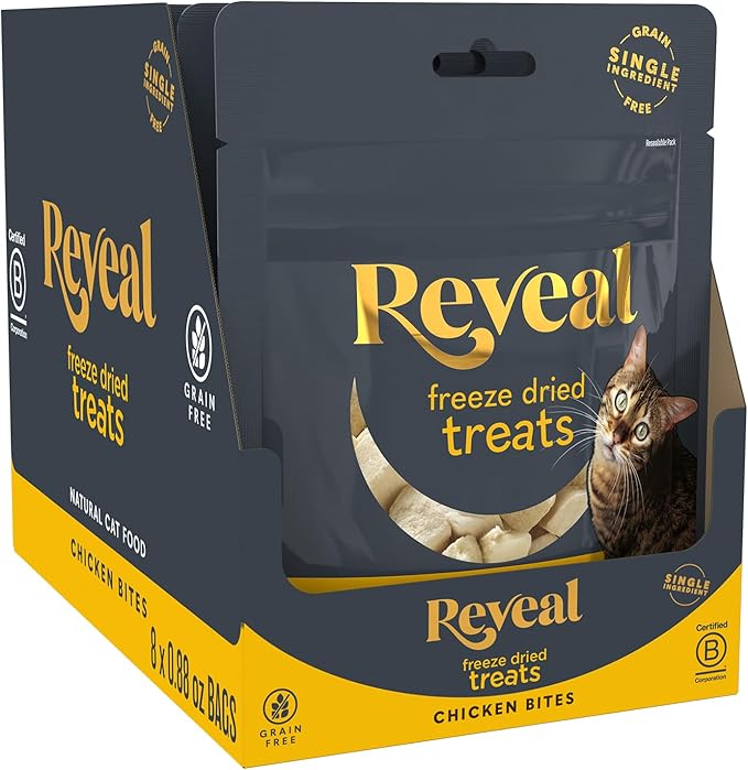 Reveal Natural Cat Treats, 8 Count, Single Ingredient Treats for Cat, Grain Free, Freeze Dried Chicken, 0.88 oz Bags