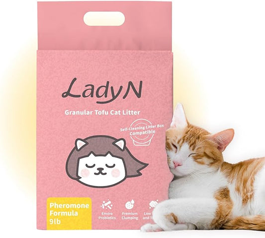 Lady N Cat Attract Tofu Litter – Natural Attractant Formula for Litter Box Training, Calming Pheromone for Multi-Cat Homes, Granular Mini-Pellet Shape for Self-Cleaning Box, 9lb