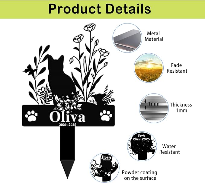Custom Cat Grave Marker Cat Burial Stake, Personalized Butterfly Flowers Cat Memorial Garden Stake, Metal Cat Memorial Plaque for Outdoors, Customized Pet Headstone