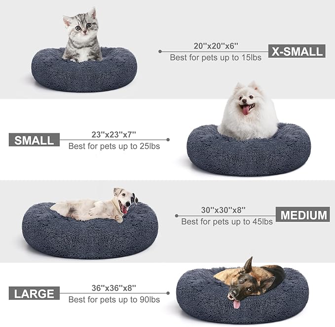 MIXJOY Calming Cat Beds for Indoor Cats, 20'' Kitten Donut Beds for Pet Up to 15lbs, Fluffy Small Cat Cuddler, Anti-Anxiety Plush Faux Fur Large Pet Bed Washable (20'', Grey-Blue)