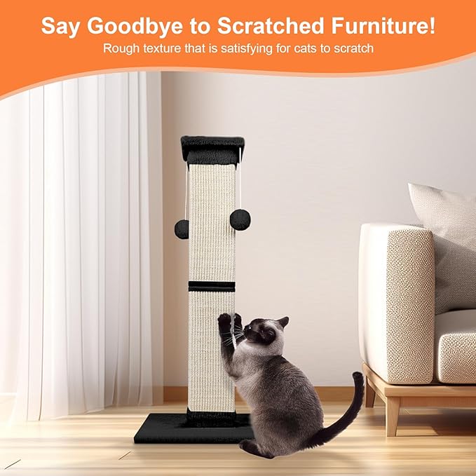 Cat Scratching Post 33 Inch Nature Sisal Cat Scratch Post for Indoor Cats, Large Cat Scratcher Protect Your Furniture, Black