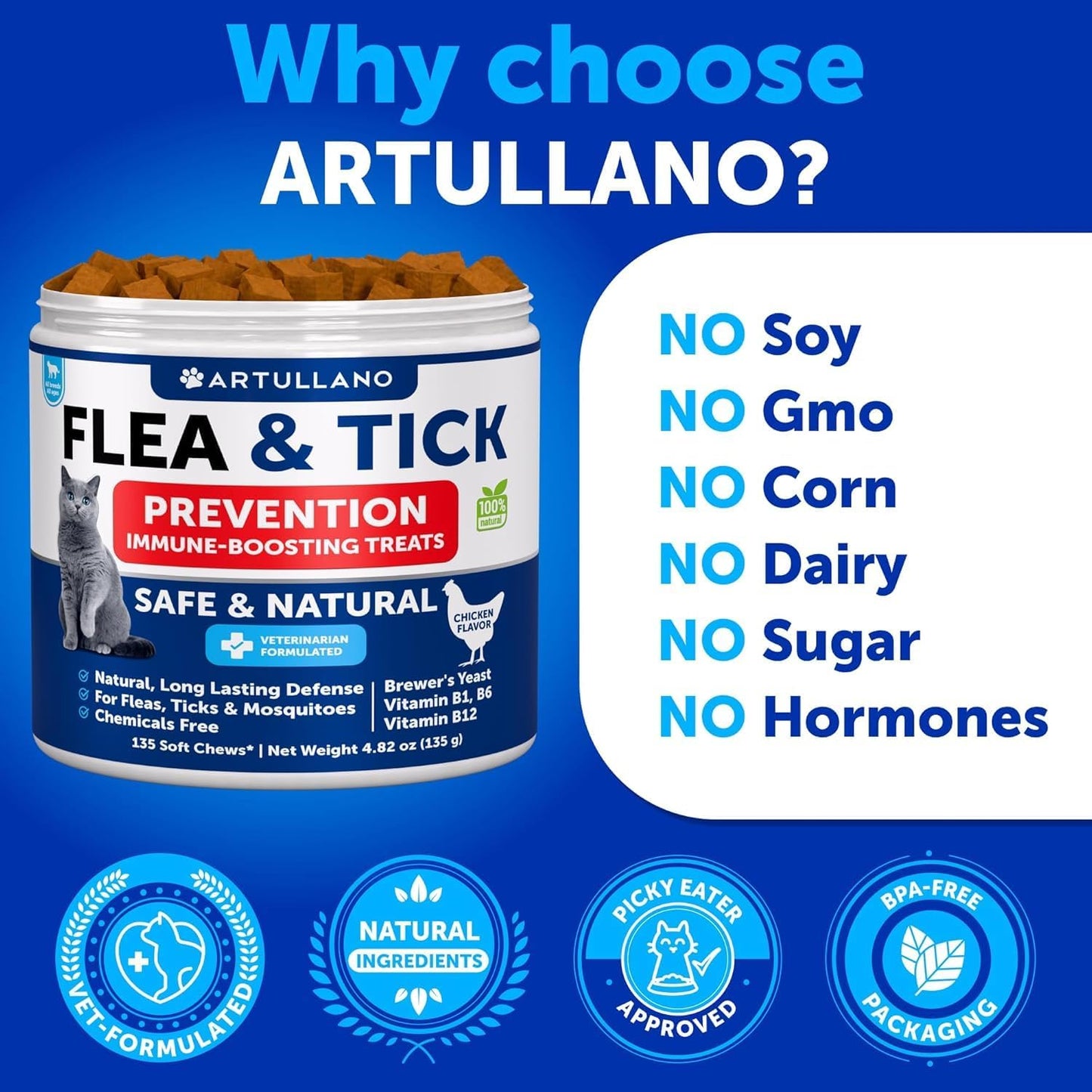 Cat Flea Treatment - Natural Flea and Tick Prevention Supplement for Large & Smal Cats - Immune Support Chews with Vitamins - Pest Defense Oral Pills - Farmhouse Chicken 135 Soft Chews