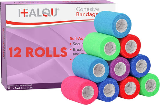 HEALQU Self Adhesive Bandage Wrap – Cohesive Tape for Athletic and Sports 3”x5yd, 12 Rolls - Self Adherent Medical Tape, Flexible, Elastic Bandages Multicolor for Wrist & Ankle Vet Wrap for Dogs