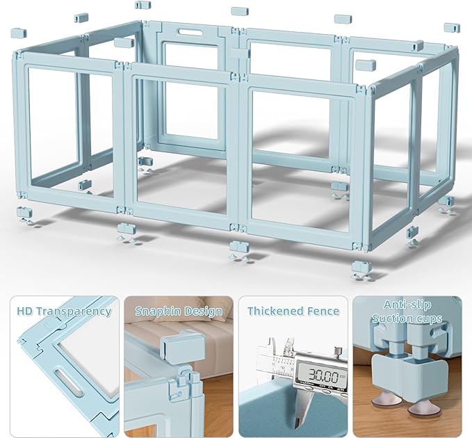 DIY Clear Acrylic Dog Playpen House,Quick Easy Assembly and Disassembly,Strong Floor Suction,Indoor and Outdoor Use,Easy Cleansing Puppy Fence (Sky Blue, 30.3" H, 12PCS)