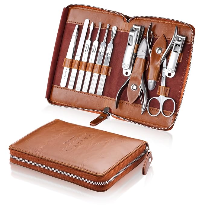Makartt Manicure Kit: Professional Nail Care Clippers Set - 11 pcs Stainless Steel Tavel Women Men Fingernail Grooming Tool with Portable Brown Leather Case