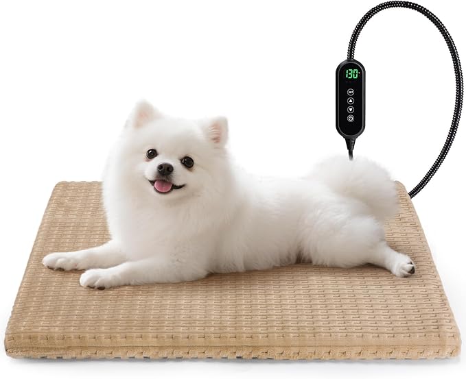 Cat Heating Pad, Waterproof Heated Cat Dog Bed with Adjustable Temperature & Timer, Electric Pet Mat for Indoor Cats Dogs, Chew Resistant Steel Cord（Small: 18"x16" Brown）