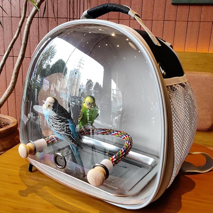 Small Bird Travel Backpack Carrier Cage, Backpack to Transport Backpack Carrier with Metal Tray Stand Perch for Parakeet Cockatiel Budgies Vet Carry Book Bag Grey