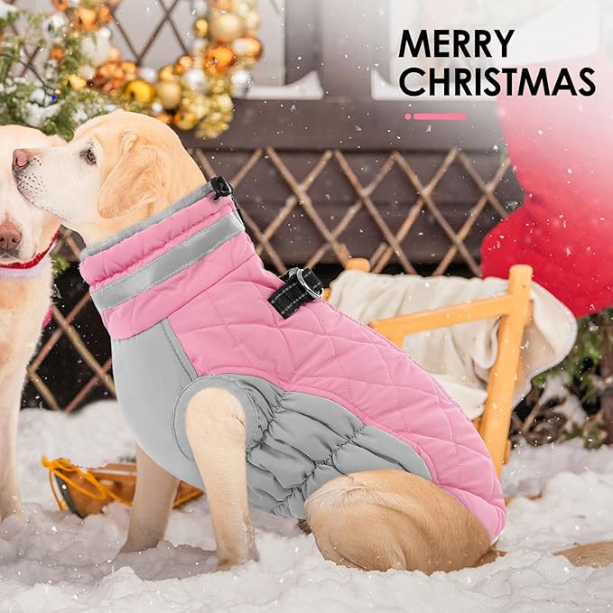 AOFITEE Dog Coat, Warm Dog Winter Coat, Reflective Cold Weather Dogs Puffer Jacket with Harness Built in, Waterproof Pet Fleece Vest Snowsuit for Small Medium Large Dogs, Pink L