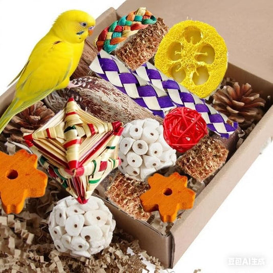 Parakeet Toys, Bird Toy Conure Grass Mat Budgie Shredder Hanging Set Cockatiel Foraging Toys Parrot Climbing Wall Toy Lovebird Cage Accessories for Small Birds (Colorful-Cockatiels Box Toys)