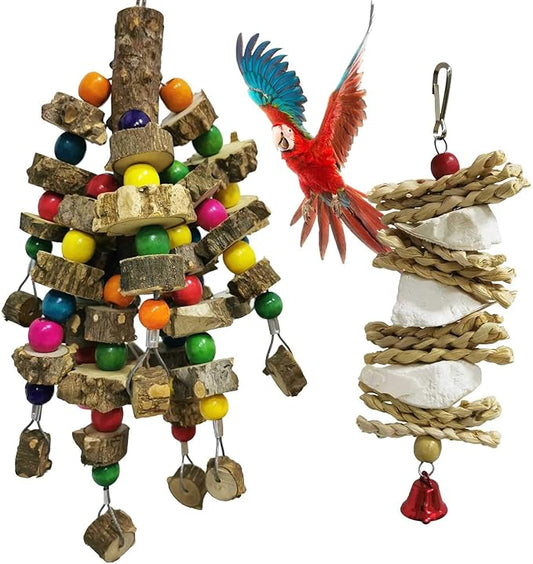 kathson Parrot Chewing Toys Medium Size - Natural Wooden Bird Toys with Colorful Blocks, Sturdy Hanging Bird Cage Accessories for Cockatiels Conure Cockatoos 2 Pack (Style A)