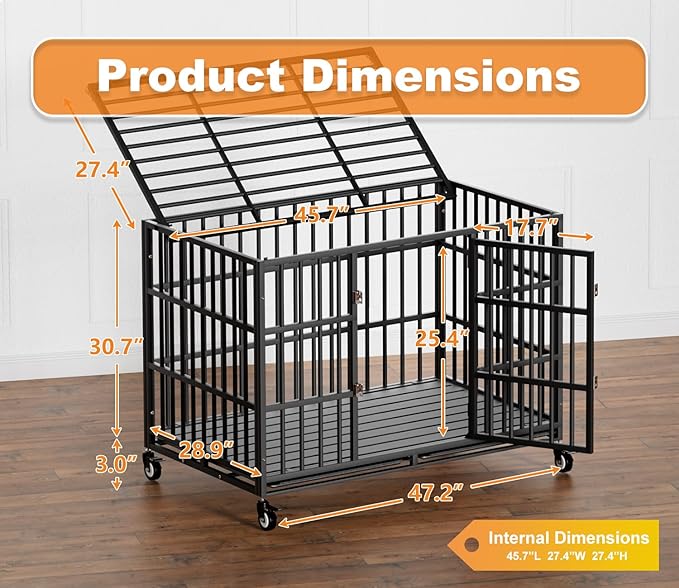 48 Inch Heavy Duty Dog Crate with Wheels,Indestructible Escape-Proof Dog Kennel with Locking Latch and Double Door,Extra Large XL XXL Crate Indoor for Large and Medium Dog with Removable Tray