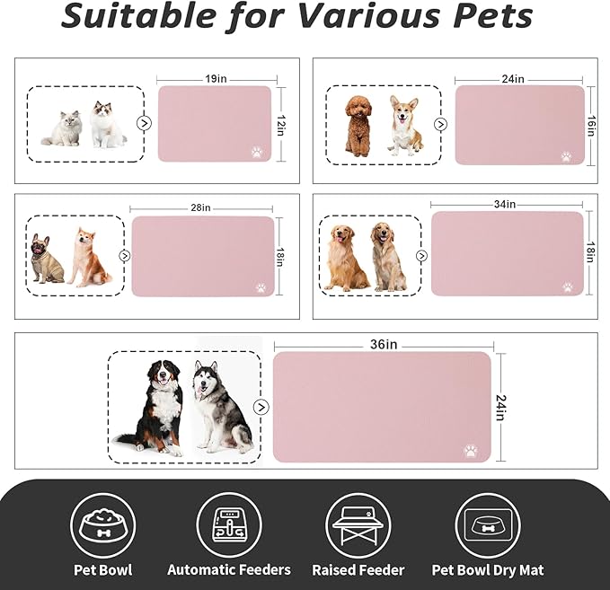 Pet Feeding Mat - Absorbent Dog Mat for Food and Water, No Stains Cat Bowl Mat, Easy to Clean Pet Placemats, Quick Dry Dog Water Dispenser Mat for Messy Drinkers | Paw Pink 12"x 19"