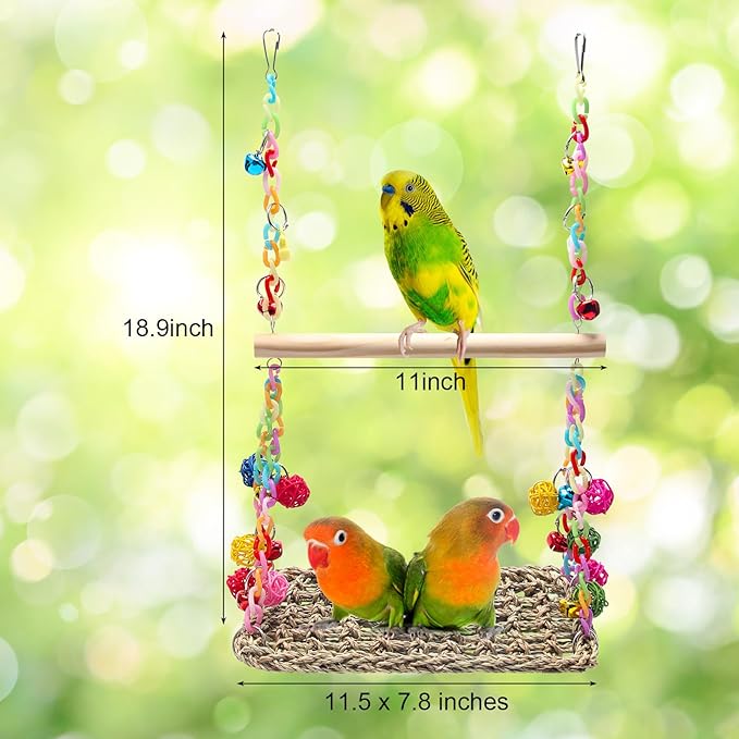 Bird Swing Toys Coolrunner Bird Hammock Bed Hanging Swing Nest Cotton Weave Hemp Rope Bird Seagrass Swing Toys with Colorful Bells Bird Swing Toys for Parakeets, Budgie, Conure, Cockatiel