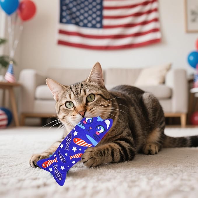 4th of July Cat Toys for Indoor Cats Patriotic Large Adult Cat Catnip Plush Toys with Crinkle Independence Day Kitten Chewing Kicker Toy 6 PCS