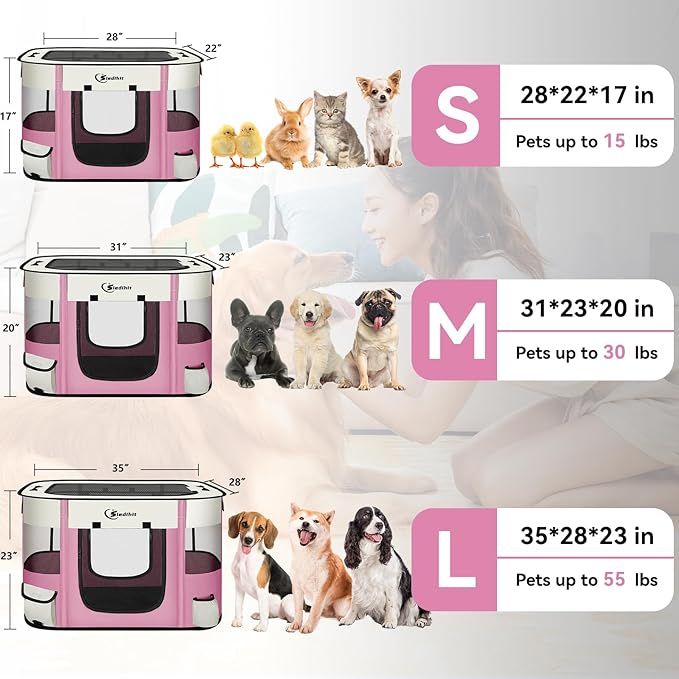 Dog Cat Playpen, Pet Puppy Portable Playpens for Dogs Indoor Outdoor Travel Crate,Foldable Dog Kennel Tent for Rabbit or Small Animals and Tent Stakes (Pink, Large)