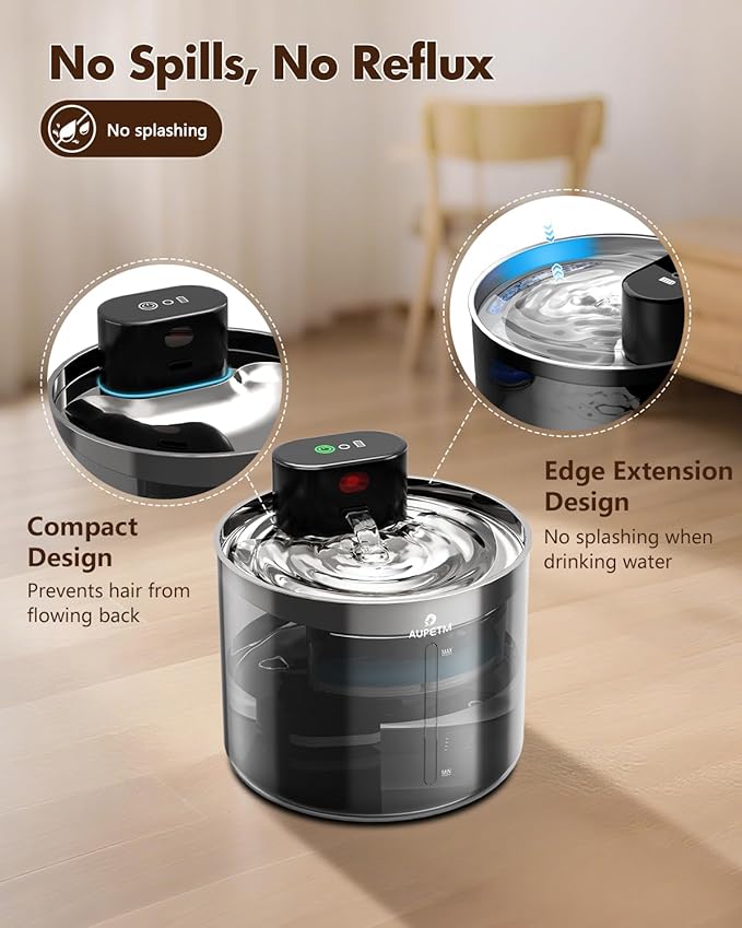 Wireless Cat Water Fountain Stainless Steel, AUPETM Cat Fountain 3.5L Battery Operated Pet Water Fountain for Cats Indoor, Motion Sensor Cat Drinking Fountain with 3 Sets Filter (5000mAh, WF080)