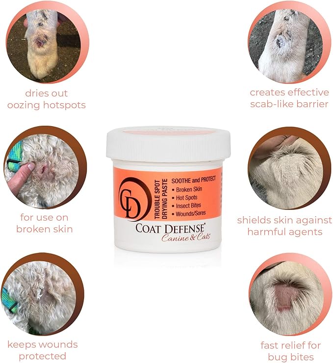 COAT DEFENSE Trouble Spot Drying Paste - Made in USA - 5 Oz Dog & Cat Skin Care, Itchy Skin & Allergies, Alleviates Hot Spots for Dogs & Cats, Insect Bites Relief & Dog Wound Care